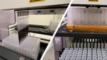 A CyBio Felix liquid handler mixing magnetic beads with eight 1000 microliter pipet tips