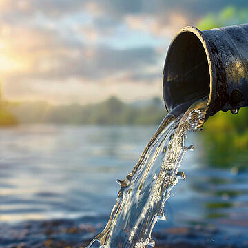 A pipe is pouring water into a river, sewer concept