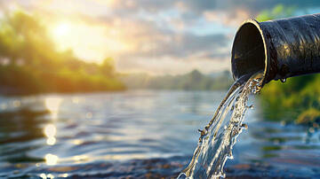 A pipe is pouring water into a river, sewer concept