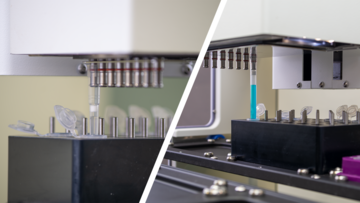 Close-up view of a single pipet tip on a CyBio Felix 8-channel, 250 micoliter head pipetting liquid into a 1.5 mL microfuge tube.