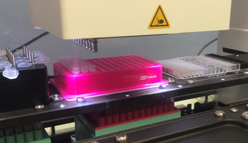 CyBio Felix Choice head transferring liquid from 1.5 mL microfuge tubes to into Jess western blot reagent tubes in a biofreeze block.