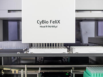 Close-up of a CyBio Felix head R 96 60 microliter pipetting into a 96-well plate.