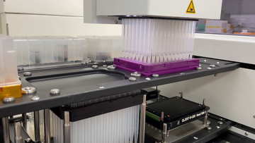 CyBio Felix liquid handler dispensing a whole plate of plasmids into a clean 96-well PCR plate