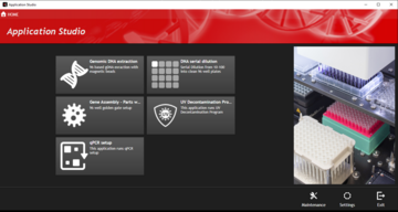 Screenshot of main menu of CyBio Application Studio including pre-programmed methods for genomic DNA extraction, DNA serial dilution, and qPCR setup.