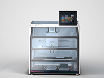CyBioFeliX liquid handler with UV enclosure and touch screen (front view)