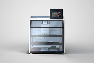 CyBioFeliX liquid handler with UV enclosure and touch screen (front view)