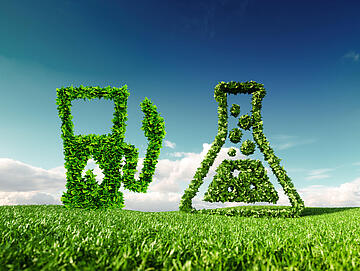 Eco friendly, bio, no waste, zero pollution, pesticide free agriculture or/and biofuel concept. 3d rendering of thumbs up icon on fresh spring meadow with blue sky in background.