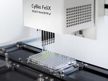 CyBio Felix SELECT head 8/50 microliter with 6 of the 8 tips dispensing into a 96-well plate.