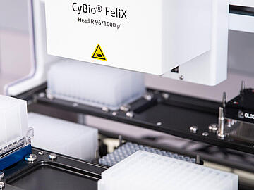 CyBio Felix R 96/1000 microliter pipettor head with partial view of labware on the deck